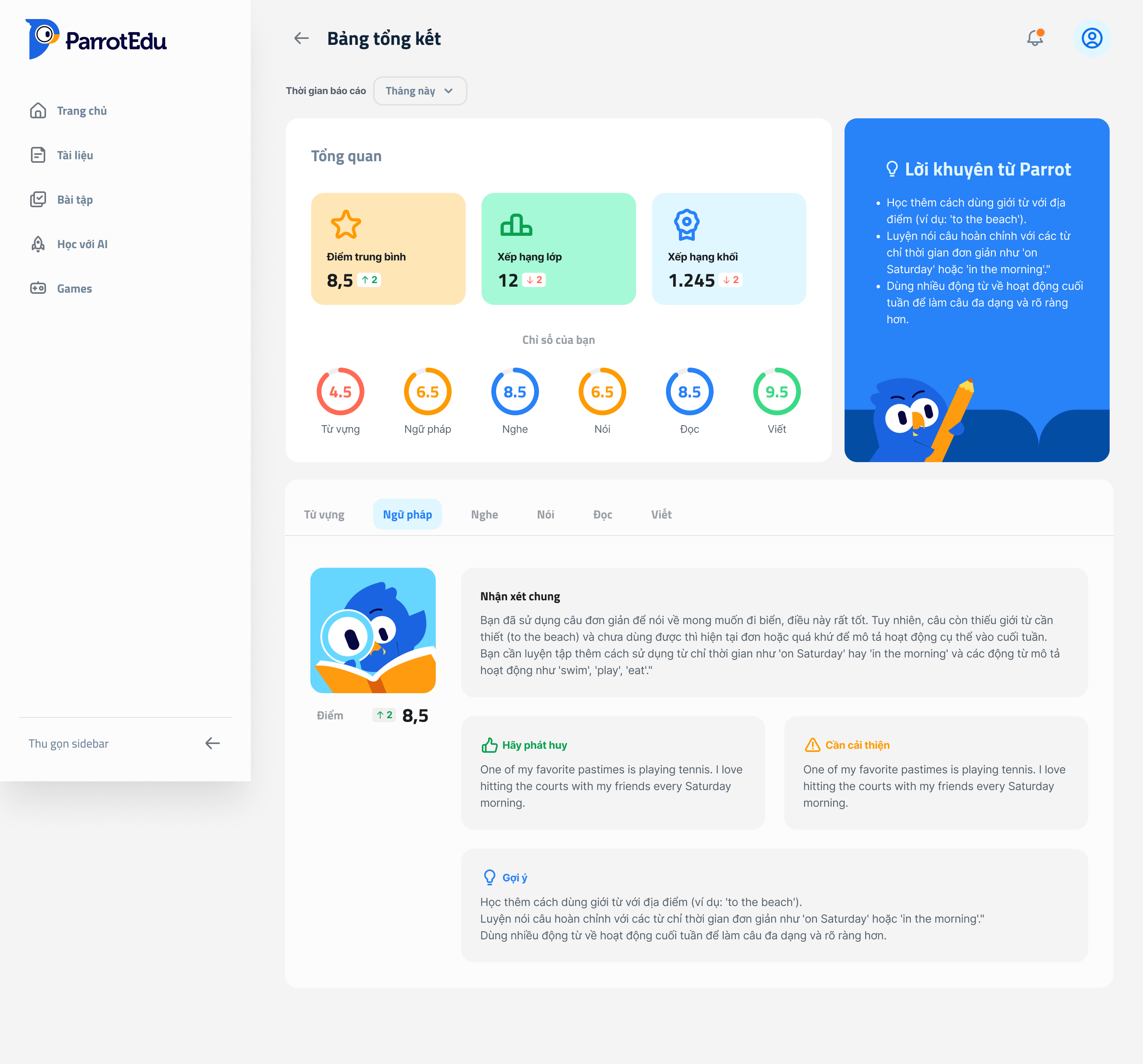 ParrotEdu Student Dashboard