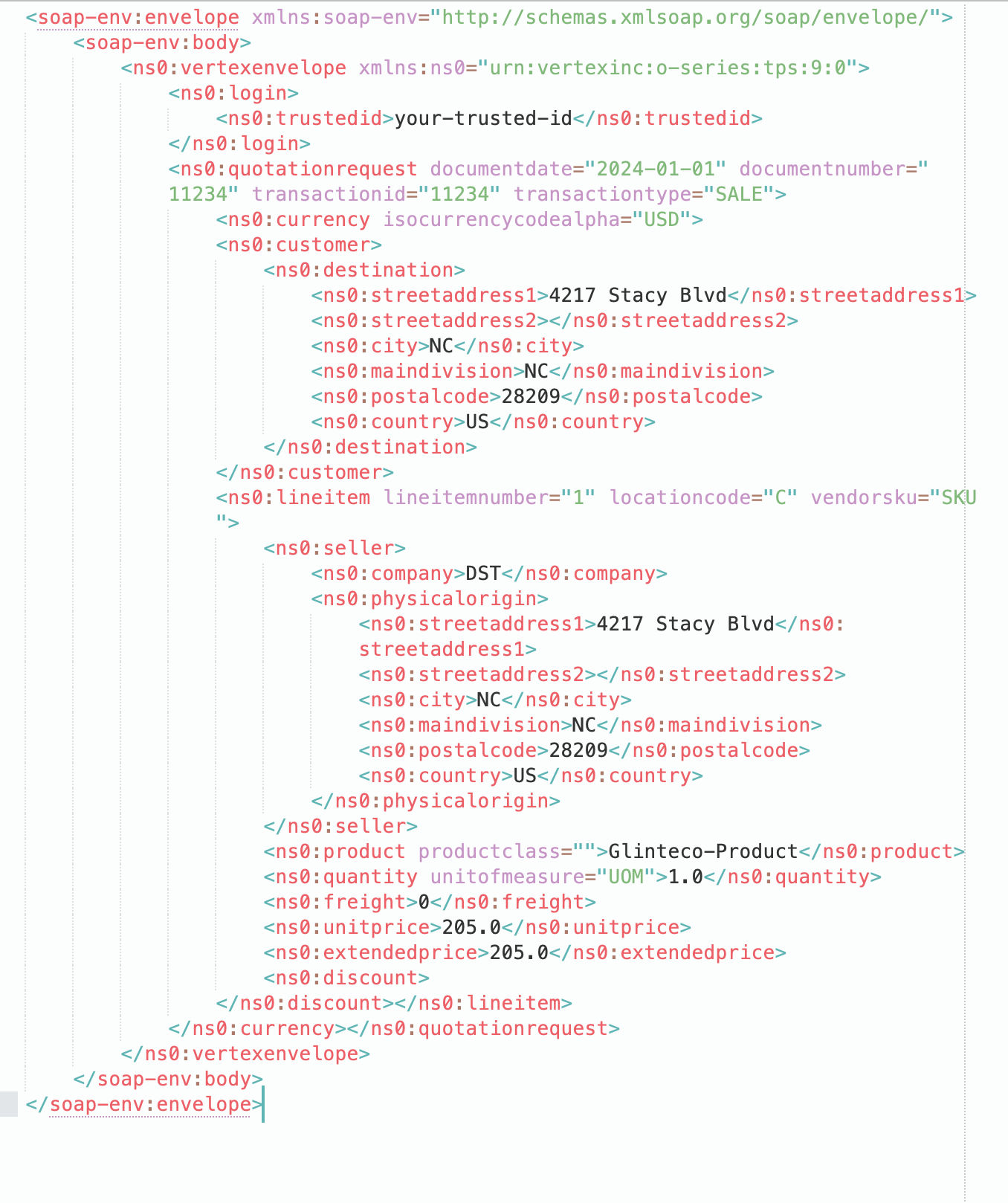 sample vertex soap request payload